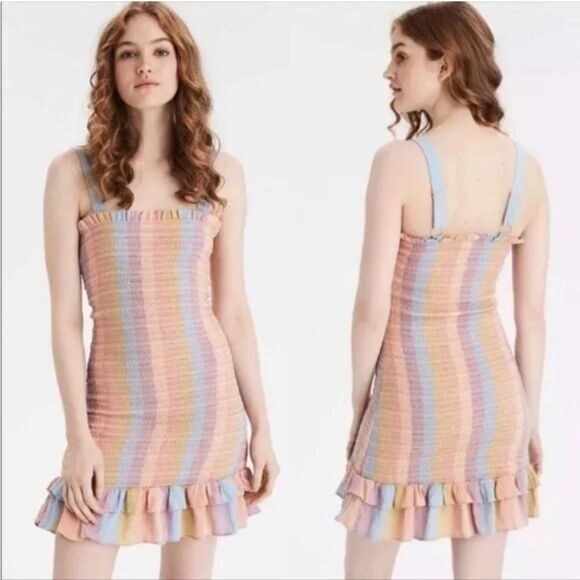 American Girl Dresses & Skirts - Sz S, American Eagle Colorful Striped Smocked Ruffle Bodycon Dress